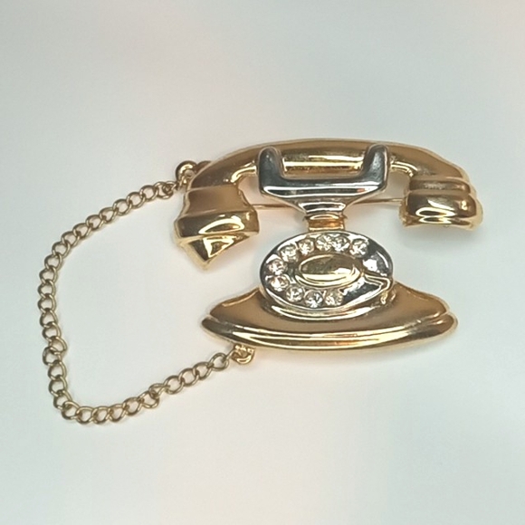 unknown Jewelry - Vintage gold & silver tone, with rhinestones telephone brooch.
